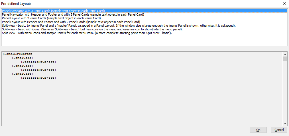 Pre-defined Layouts dialog